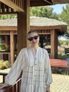 Vizon Çizgi detaylı keten katleya elbise