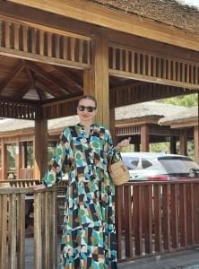 Yeşil geo pamuk saten katleya elbise