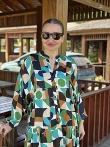 Yeşil geo pamuk saten katleya elbise