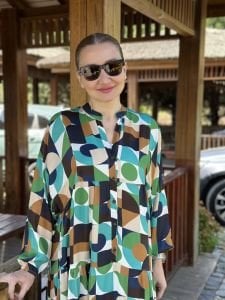 Yeşil geo pamuk saten katleya elbise