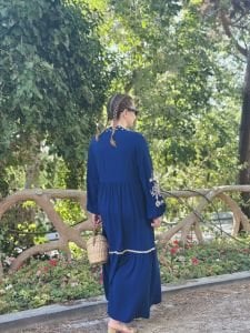 Nakışlı papatya viskon elbise lacivert