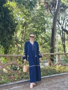 Nakışlı papatya viskon elbise lacivert