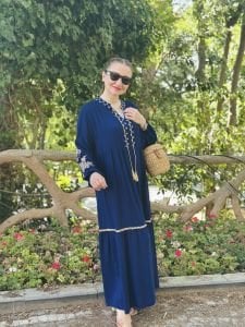 Nakışlı papatya viskon elbise lacivert