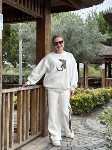 2 iplik içi şardonlu Leo-Beyaz Eşofman Takımı