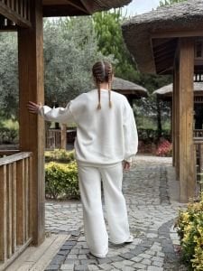 2 iplik içi şardonlu Leo-Beyaz Eşofman Takımı