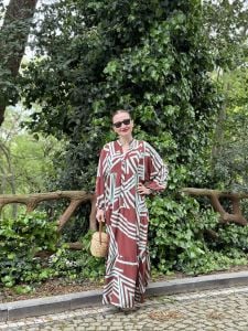 Kahve-Turkuaz çizgi desen katleya elbise