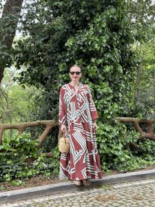 Kahve-Turkuaz çizgi desen katleya elbise