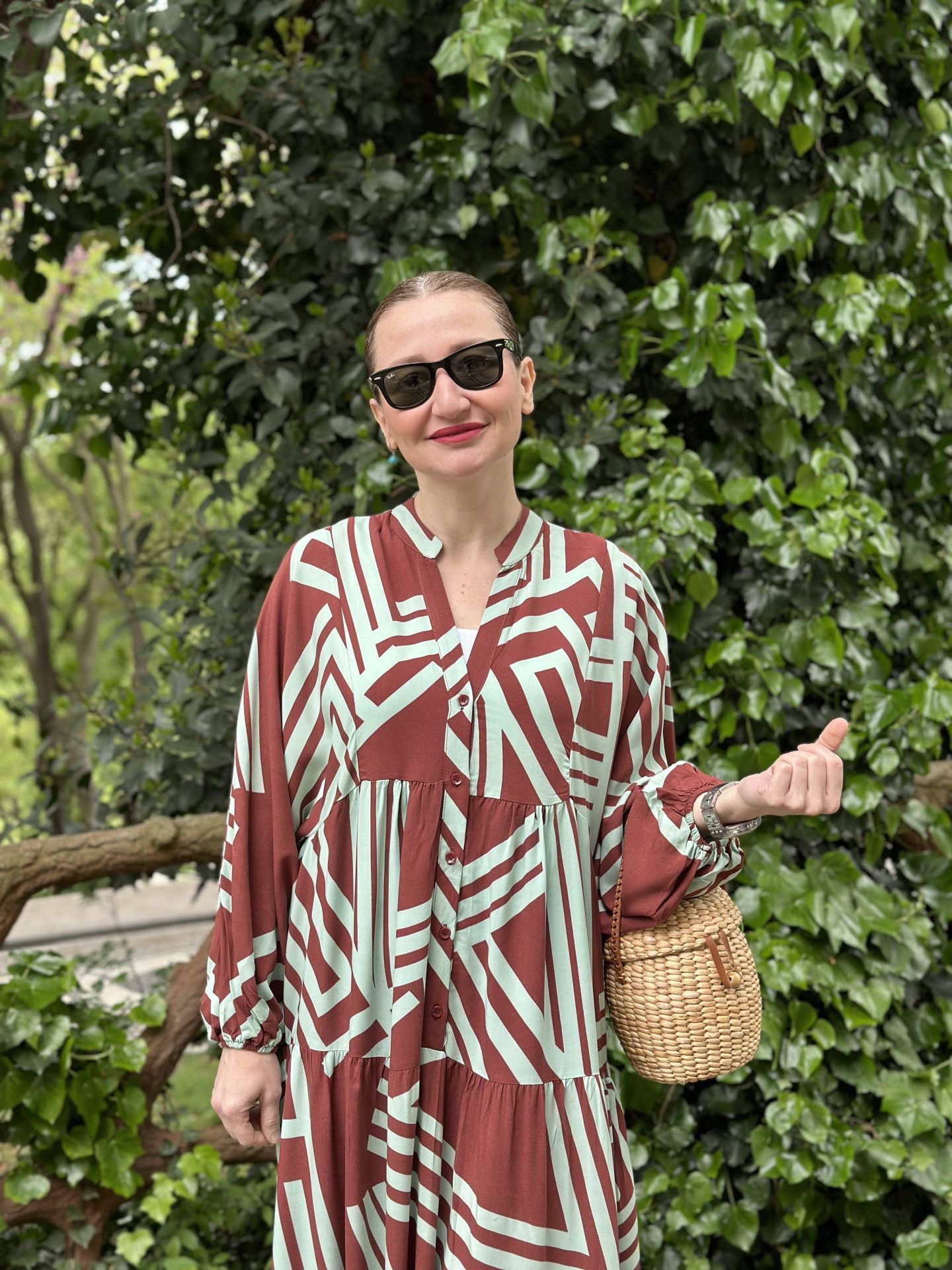 Kahve-Turkuaz çizgi desen katleya elbise