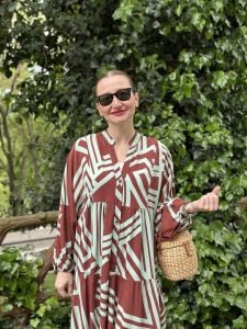 Kahve-Turkuaz çizgi desen katleya elbise