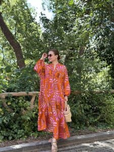 Orange-pembe hawai Katleya elbise