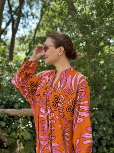 Orange-pembe hawai Katleya elbise