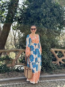 Mavi-turuncu yonca Seçil elbise