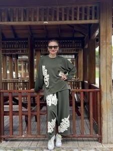 Baskılı Oysho pamuk takım Haki