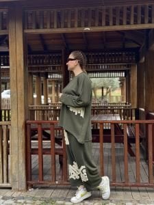 Baskılı Oysho pamuk takım Haki