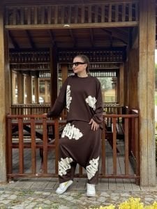 Baskılı Oysho pamuk takım Kahve