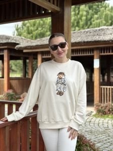 2 iplik pamuklu Krem Oversize teddy sweatshirt