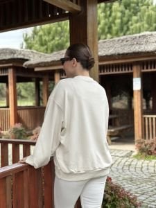 2 iplik pamuklu Krem Oversize teddy sweatshirt