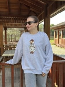 2 iplik pamuklu Gri Oversize teddy sweatshirt