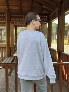 2 iplik pamuklu Gri Oversize teddy sweatshirt