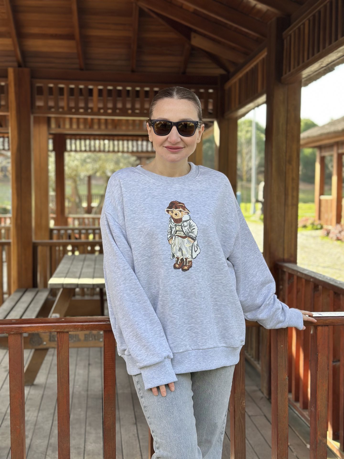 2 iplik pamuklu Gri Oversize teddy sweatshirt