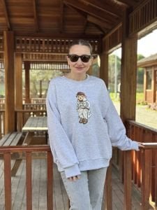 2 iplik pamuklu Gri Oversize teddy sweatshirt