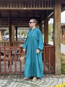 Viskon düz katleya elbise petrol