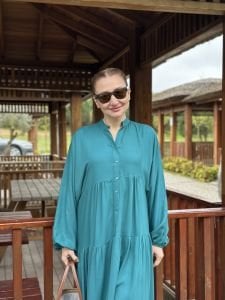 Viskon düz katleya elbise petrol