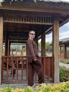 Kahve çizgili triko takım