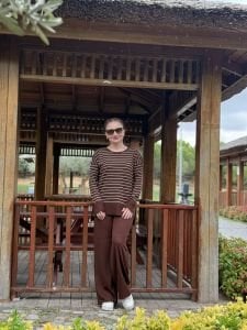 Kahve çizgili triko takım