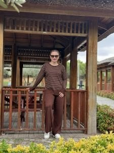 Kahve çizgili triko takım