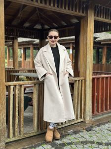 Balıksırtı Düğmeli Kaşe Kaban ekru-vizon
