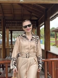 Viskon Kemerli gömlek elbise Bej