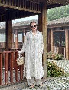 Şeritli keten oversize Takım vizon