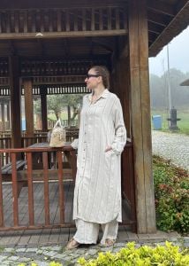 Şeritli keten oversize Takım vizon