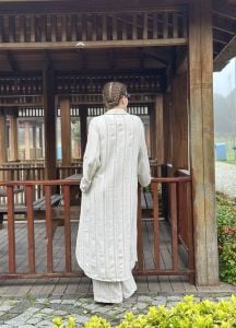 Şeritli keten oversize Takım vizon