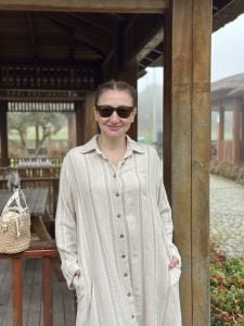 Şeritli keten oversize Takım vizon
