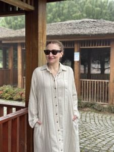 Şeritli keten oversize Takım vizon