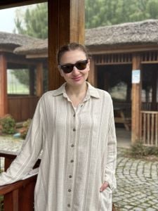 Şeritli keten oversize Takım vizon
