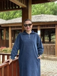 Yarım Fermuarlı tensel kot elbise Koyu Mavi