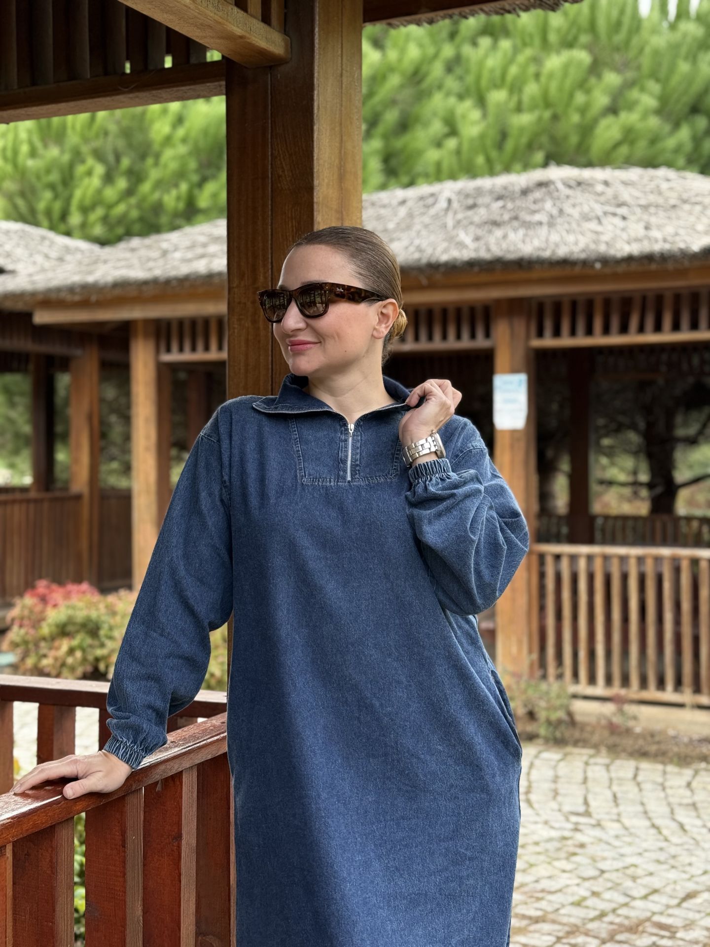 Yarım Fermuarlı tensel kot elbise Koyu Mavi