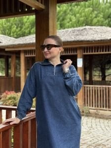 Yarım Fermuarlı tensel kot elbise Koyu Mavi