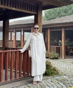 Şeritli keten oversize Takım Mint