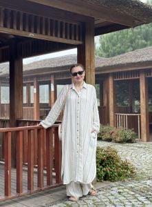 Şeritli keten oversize Takım Mint