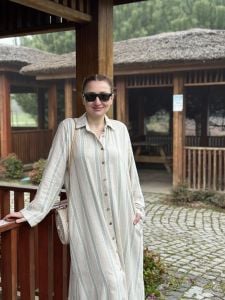Şeritli keten oversize Takım Mint