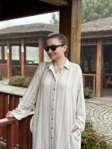 Şeritli keten oversize Takım Mint