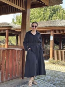 Kemerli tensel gömlek elbise siyah