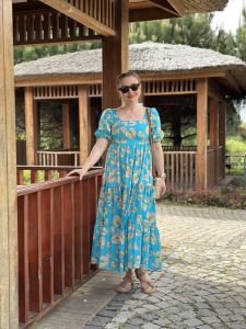 Mavi poplin kare yaka yaprak elbise