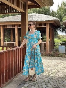 Mavi poplin kare yaka yaprak elbise