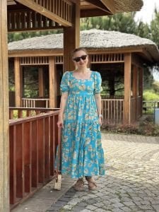 Mavi poplin kare yaka yaprak elbise