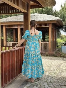 Mavi poplin kare yaka yaprak elbise